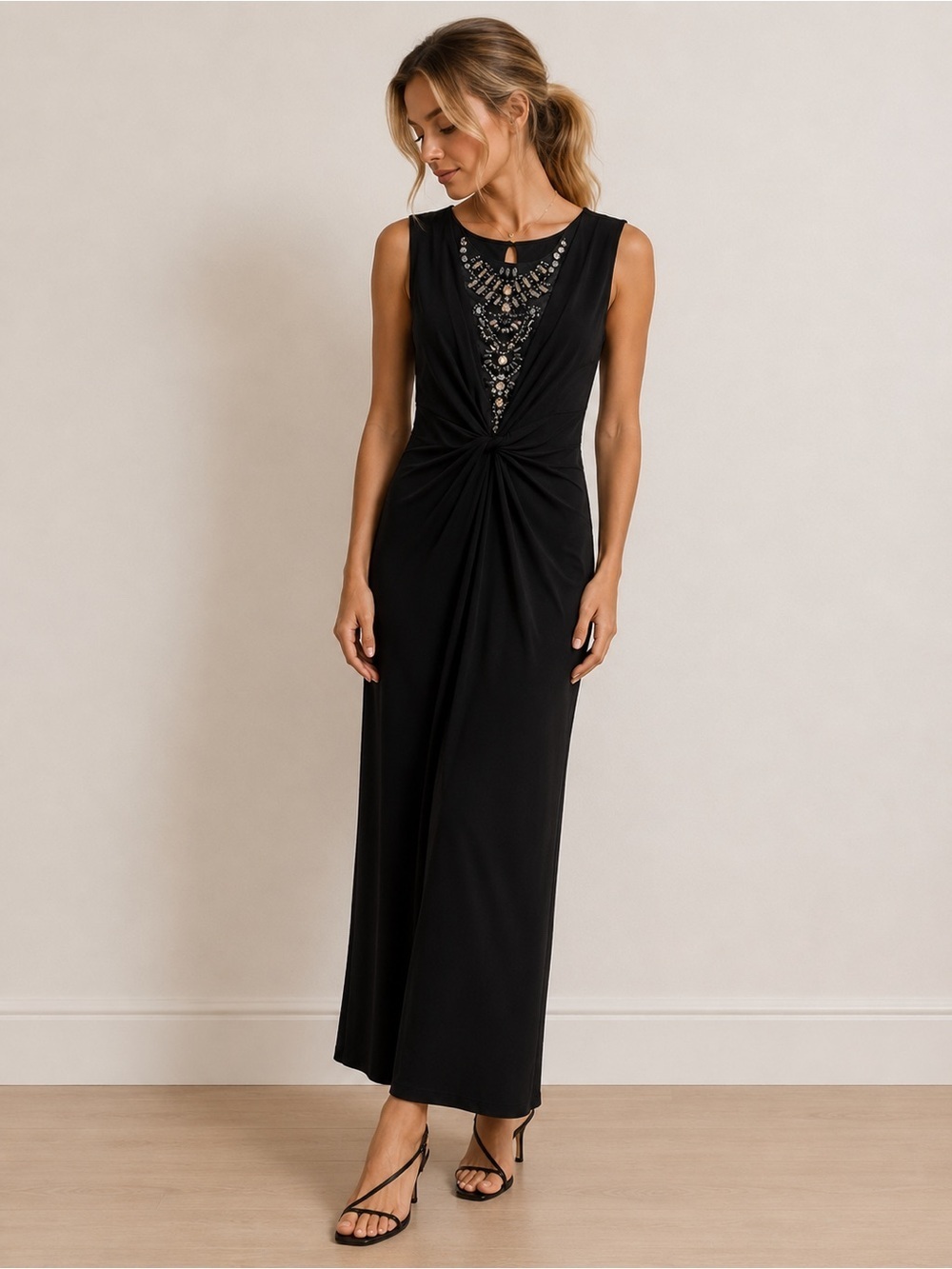 Monsoon black long sleeveless beaded front dress